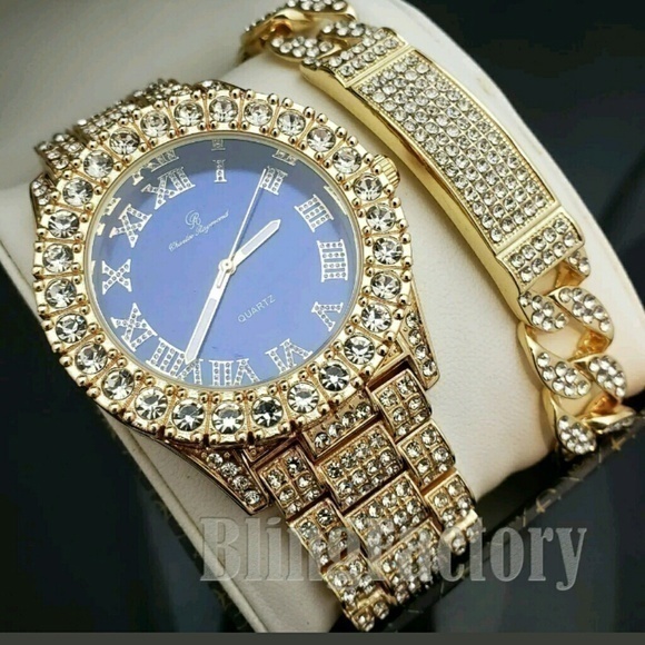 MEN'S ICED HIP HOP BLUE FACE WATCH & FULL ICED NEC - Picture 5 of 8